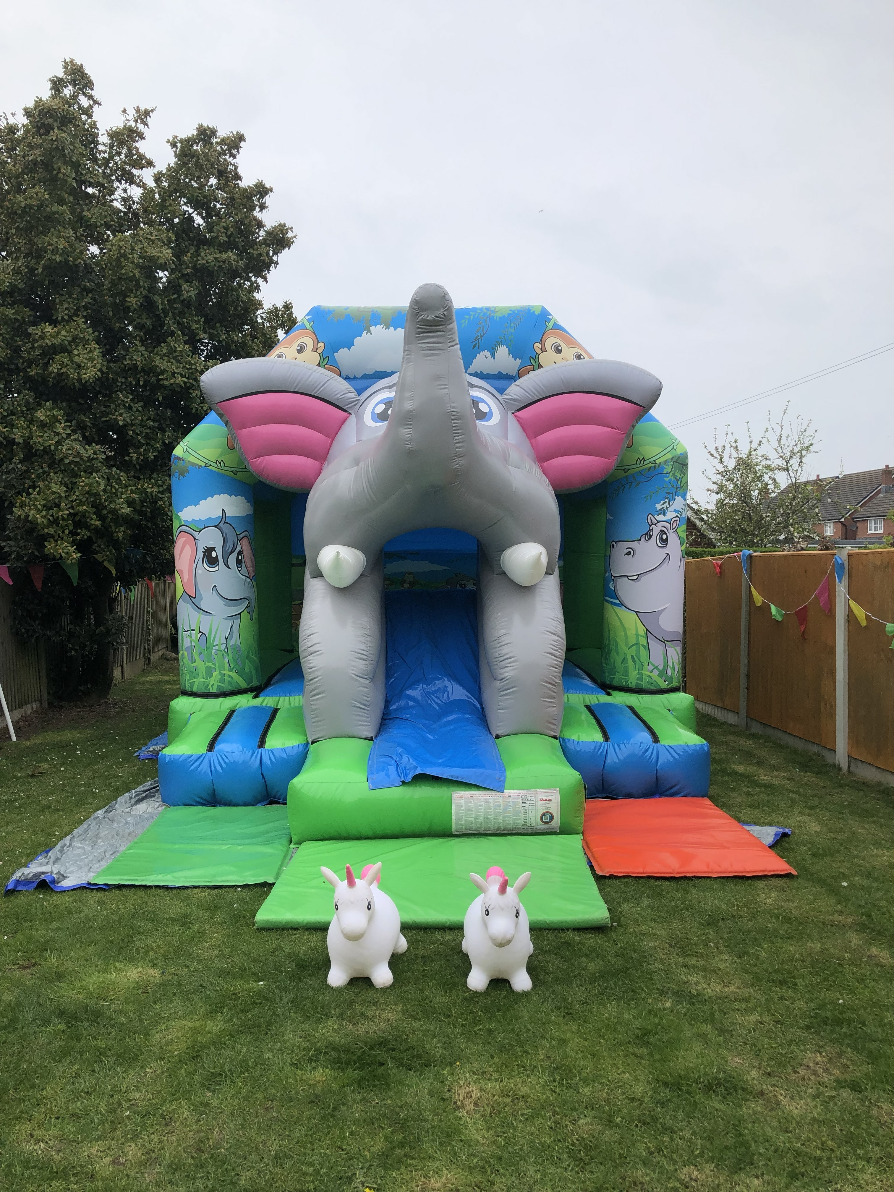 Large inflatable slide hire setup for a garden party in Elswick near Great Eccleston by Fylde Coast Bouncy Castles.